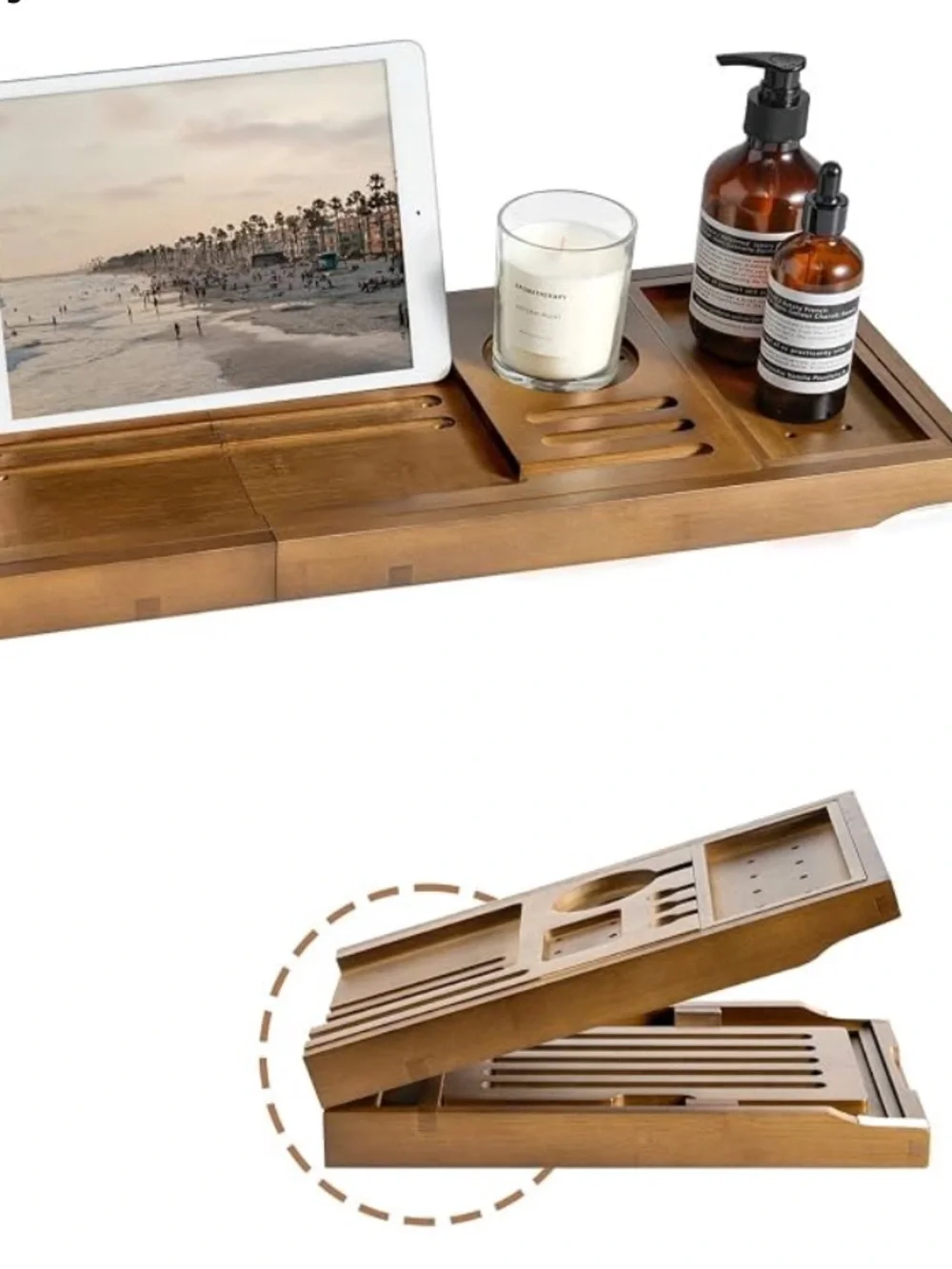 Real Gulf Expandable foldable Bamboo Bathtub Tray Caddy Walnut Finish new in box